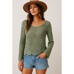 Boho Sage Crochet Knit Top Long Sleeve 100% Cotton Festival Peasant Blouse L
